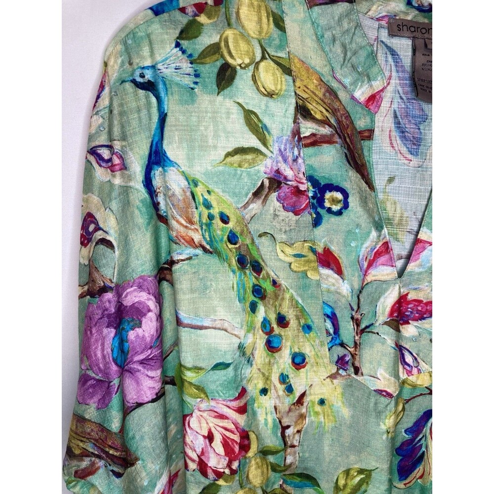 Bird Blouse Top L Floral Peacock Bell Sleeve Art To Wear Coastal Resort Vacation